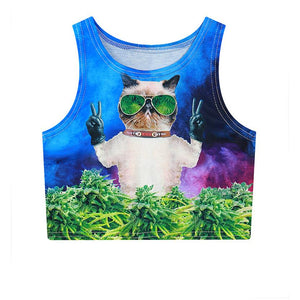 3D Punk Cat And Cannabis Crop Top