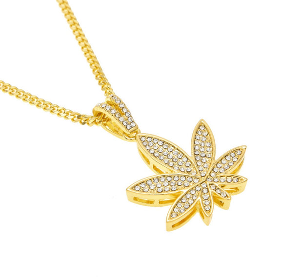 Gold Color Cannabis Necklace With Rhinestones