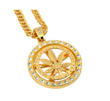 31.5" Hip Hop Jewelry - Golden Whirligig Hemp Leaf Necklace Men Women Crystal