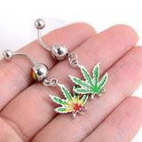 Cannabis Leaf Navel Ring Dangle Surgical Steel Bar 1pc