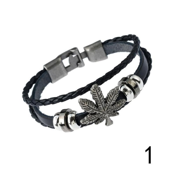 Leather Bracelet For Men Vintage Cannabis Leaf Charm